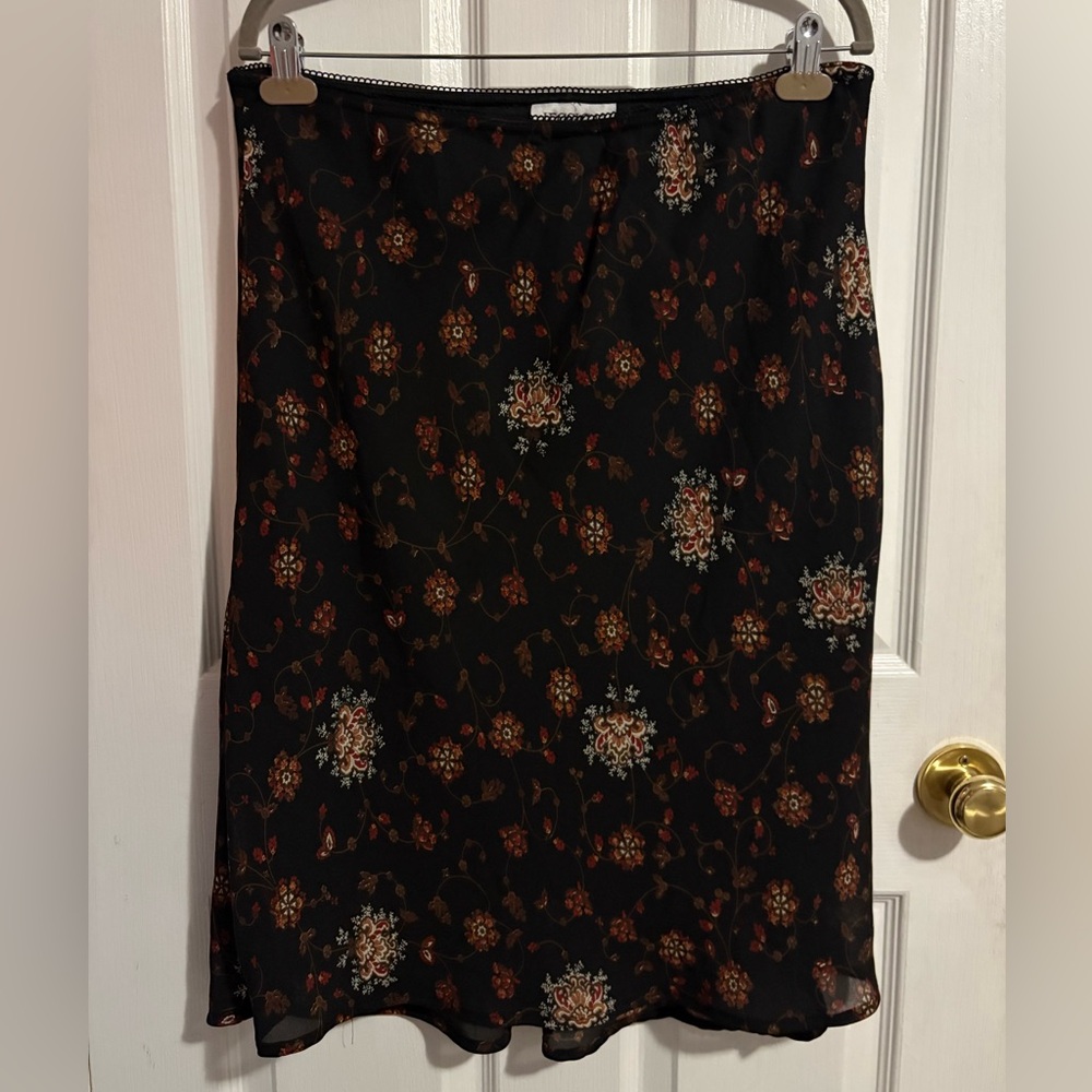 Vintage Jessica Black Midi Skirt with Red + Brown Floral Pattern